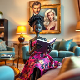 A black Barbie doll sitting in a stylish living room, elegantly dressed in a vibrant dress, engrossed in reading a book