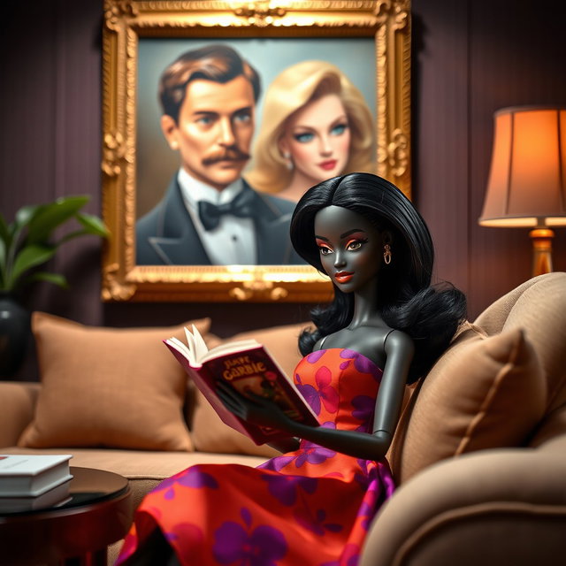 A black Barbie doll sitting in a stylish living room, elegantly dressed in a vibrant dress, engrossed in reading a book