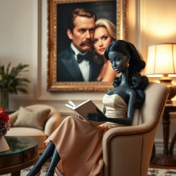 A black Barbie doll sitting elegantly in an armchair in a stylish living room, dressed in a beautiful dress, absorbed in reading a book