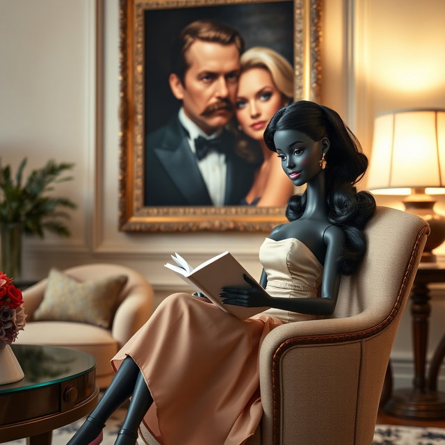 A black Barbie doll sitting elegantly in an armchair in a stylish living room, dressed in a beautiful dress, absorbed in reading a book