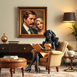 A black Barbie doll sitting elegantly in an armchair in a stylish living room, dressed in a beautiful dress, absorbed in reading a book