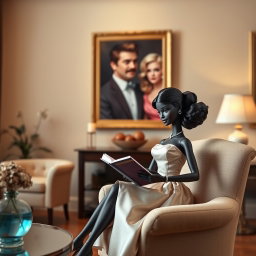 A black Barbie doll sitting elegantly in an armchair in a stylish living room, dressed in a beautiful dress, absorbed in reading a book