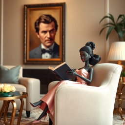A black Barbie doll sitting elegantly in an armchair in a stylish living room, dressed in a beautiful dress, absorbed in reading a book