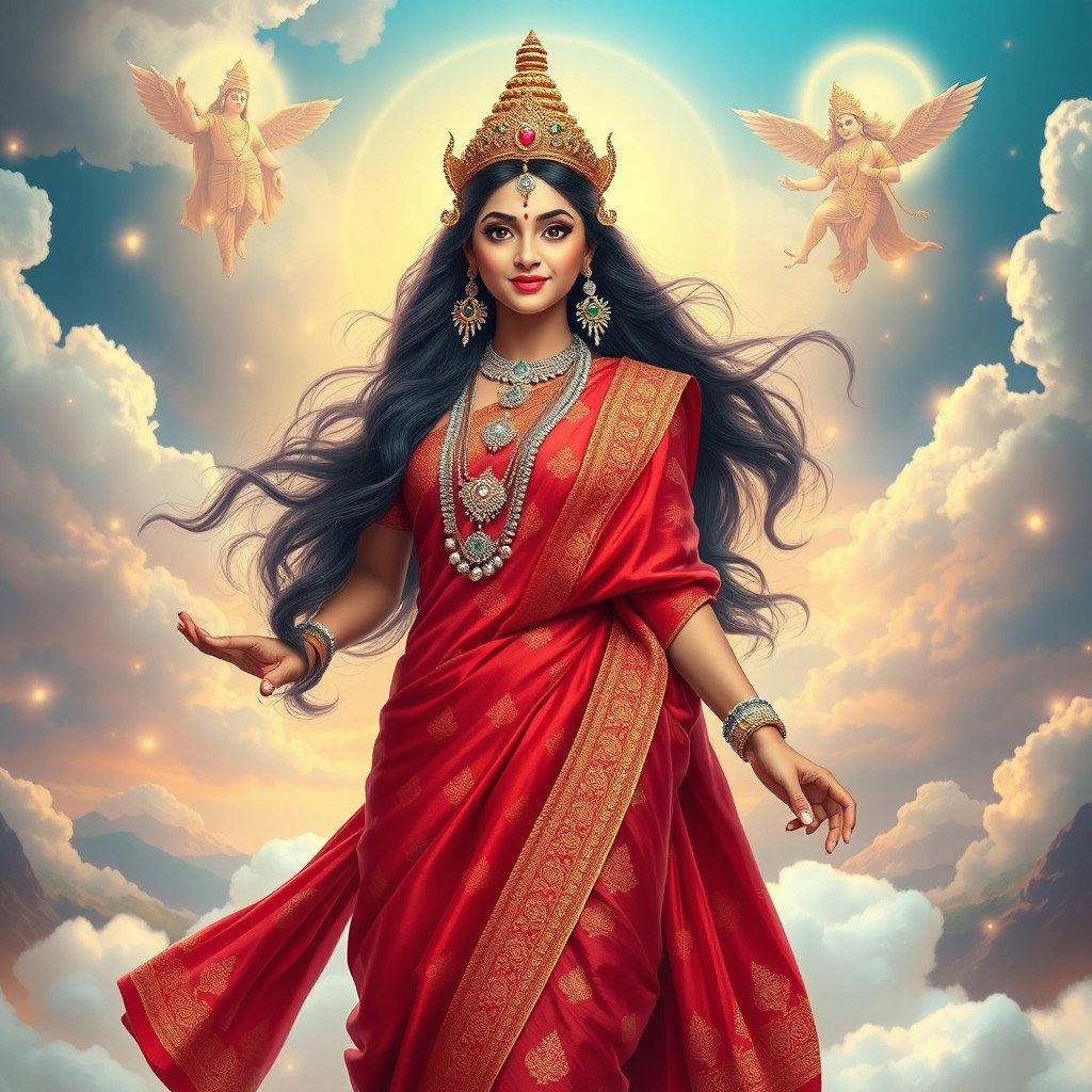 A beautiful Hindu goddess dressed in an exquisite red saree adorned with intricate patterns and shimmering gold trim