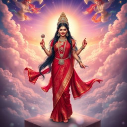 A beautiful Hindu goddess dressed in an exquisite red saree adorned with intricate patterns and shimmering gold trim
