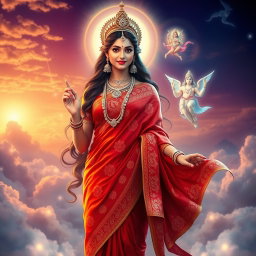 A beautiful Hindu goddess dressed in an exquisite red saree adorned with intricate patterns and shimmering gold trim