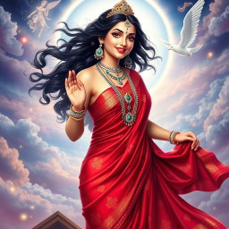 A beautiful Hindu goddess dressed in an exquisite red saree adorned with intricate patterns and shimmering gold trim