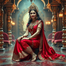 A stunning Hindu goddess seated gracefully in a lavish palace in swarglok