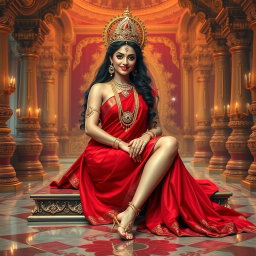 A stunning Hindu goddess seated gracefully in a lavish palace in swarglok