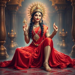 A stunning Hindu goddess seated gracefully in a lavish palace in swarglok