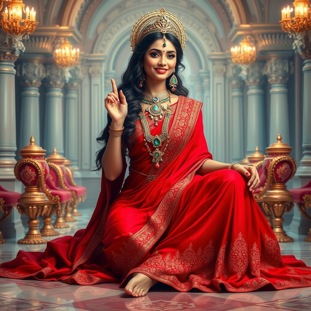 A stunning Hindu goddess seated gracefully in a lavish palace in swarglok