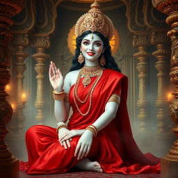 A beautiful divine Hindu goddess with radiant milky glow skin, seated gracefully in an opulent palace in swarglok