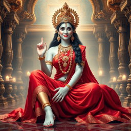 A beautiful divine Hindu goddess with radiant milky glow skin, seated gracefully in an opulent palace in swarglok