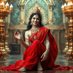 A beautiful divine Hindu goddess with radiant milky glow skin, seated gracefully in an opulent palace in swarglok