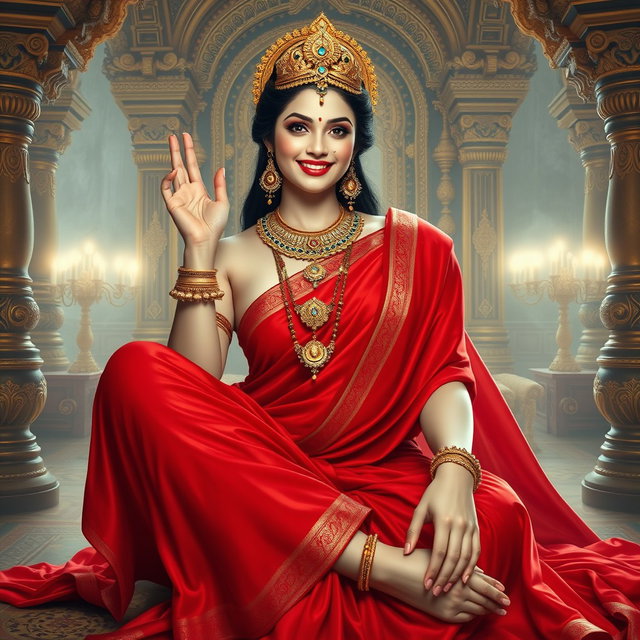 A beautiful divine Hindu goddess with radiant milky glow skin, seated gracefully in an opulent palace in swarglok