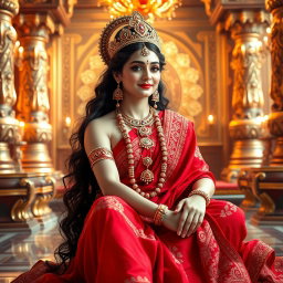 A beautiful, divine glowing Hindu goddess with radiant skin, elegantly seated in a luxurious palace in Swarglok