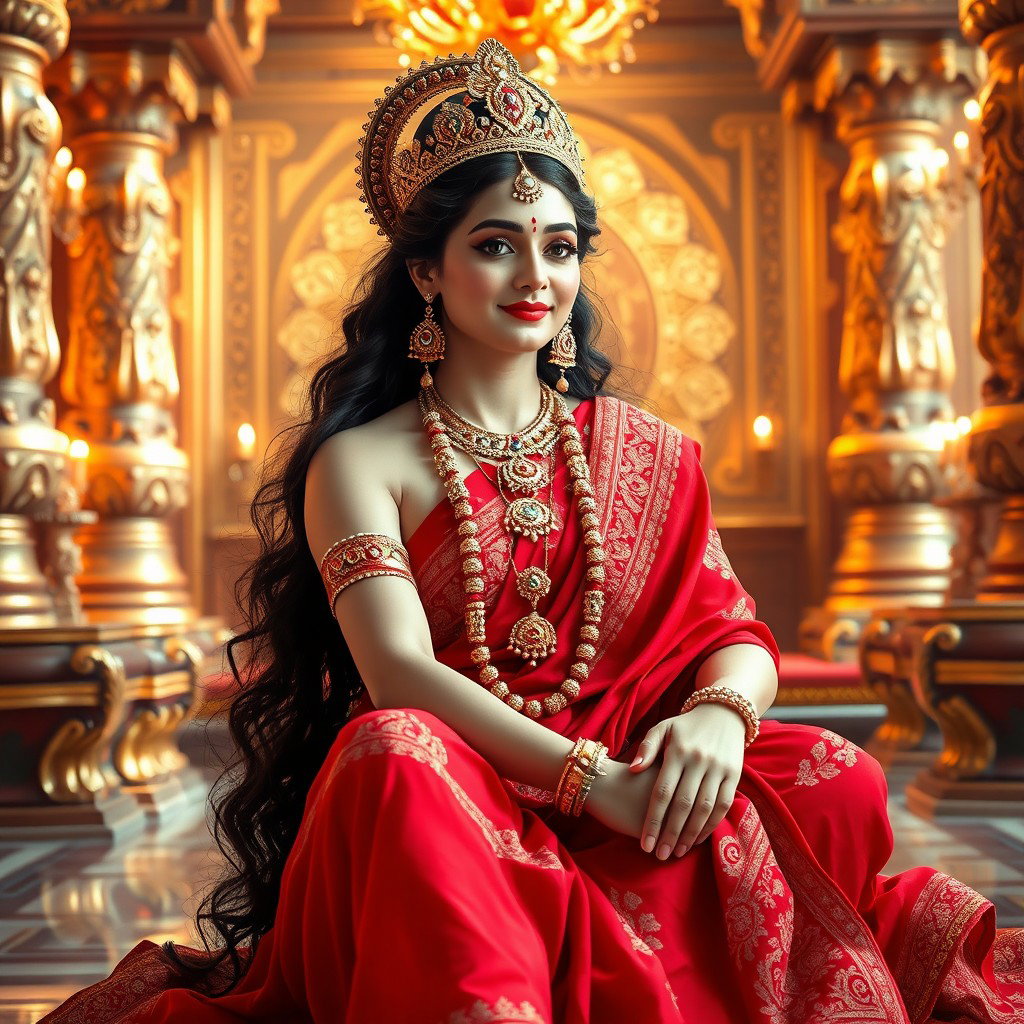 A beautiful, divine glowing Hindu goddess with radiant skin, elegantly seated in a luxurious palace in Swarglok