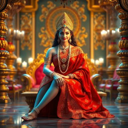 A beautiful, divine glowing Hindu goddess with radiant skin, elegantly seated in a luxurious palace in Swarglok