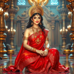 A beautiful, divine glowing Hindu goddess with radiant skin, elegantly seated in a luxurious palace in Swarglok