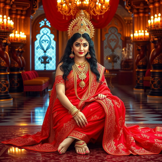 A beautiful, divine glowing Hindu goddess with radiant skin, elegantly seated in a luxurious palace in Swarglok