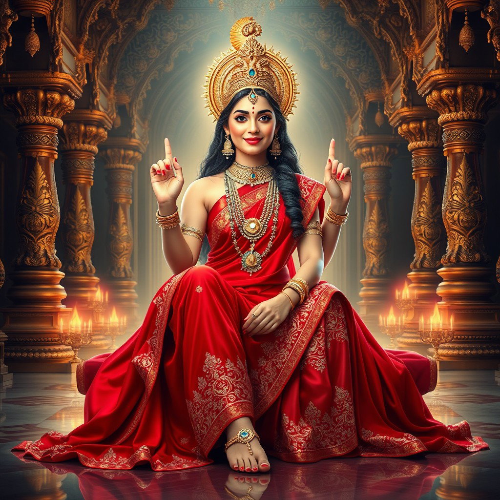 A beautiful, divine glowing Hindu Devi with radiant, shining skin, elegantly seated in a majestic palace in Swarglok