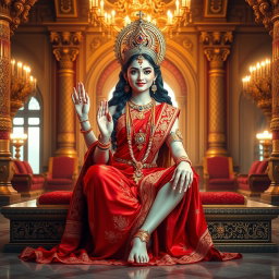 A beautiful, divine glowing Hindu Devi with radiant, shining skin, elegantly seated in a majestic palace in Swarglok