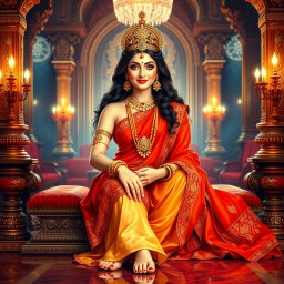 A beautiful, divine glowing Hindu Devi with radiant, shining skin, elegantly seated in a majestic palace in Swarglok