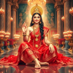A beautiful, divine glowing Hindu Devi with radiant, shining skin, elegantly seated in a majestic palace in Swarglok