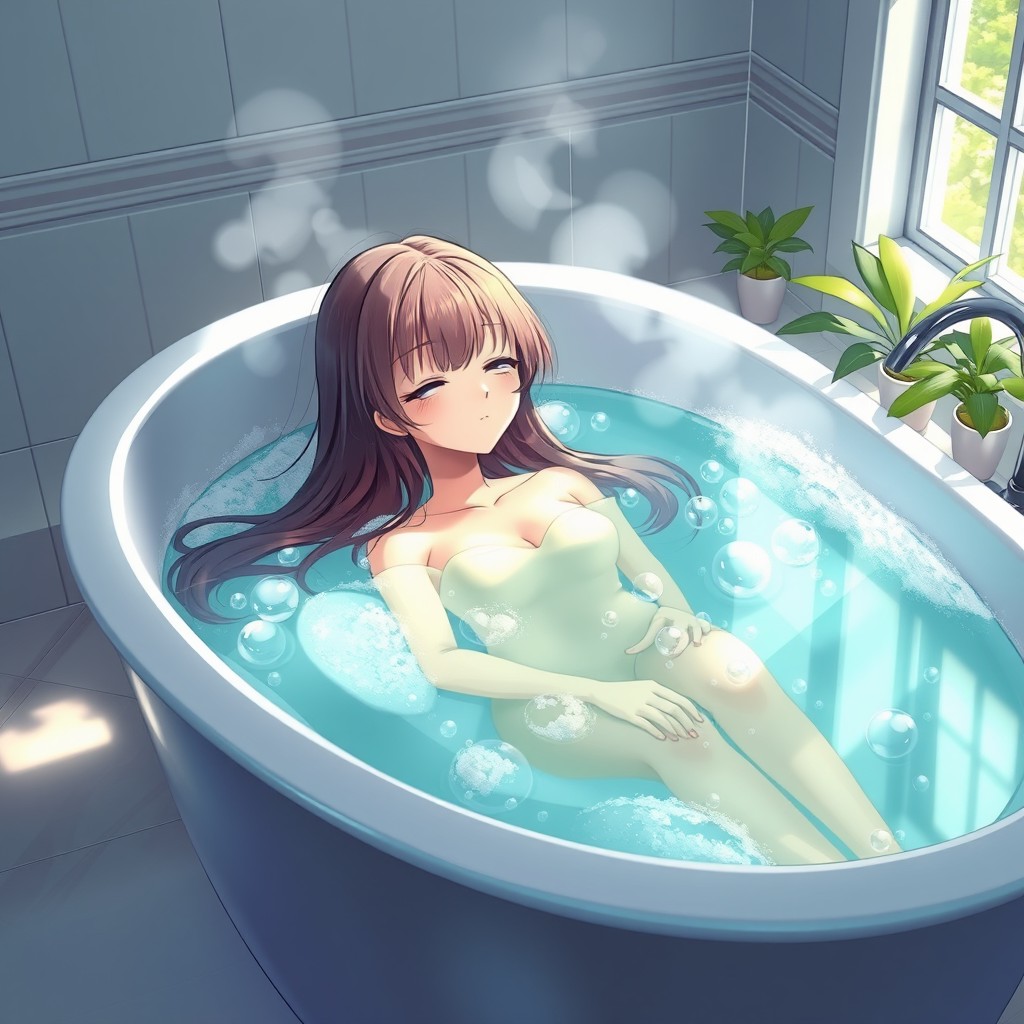 An anime girl lounging in a bathtub filled with crystal clear water, surrounded by soft bubbles
