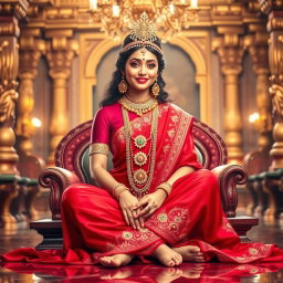 A stunningly beautiful, divine Hindu Devi with glowing, shining skin is seated gracefully in an opulent palace in Swarglok