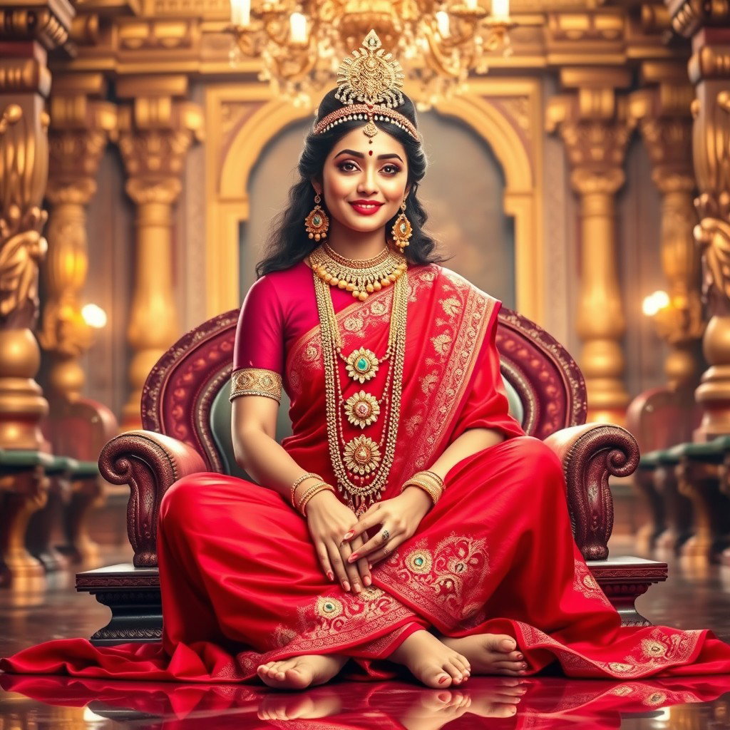 A stunningly beautiful, divine Hindu Devi with glowing, shining skin is seated gracefully in an opulent palace in Swarglok