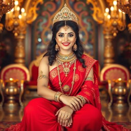 A stunningly beautiful, divine Hindu Devi with glowing, shining skin is seated gracefully in an opulent palace in Swarglok