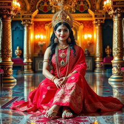 A stunningly beautiful, divine Hindu Devi with glowing, shining skin is seated gracefully in an opulent palace in Swarglok