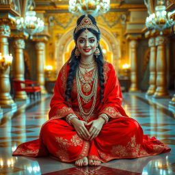 A stunningly beautiful, divine Hindu Devi with glowing, shining skin is seated gracefully in an opulent palace in Swarglok