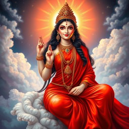 A beautiful Hindu goddess (Devi) with glowing skin, radiating a divine light, dressed in a vibrant red saree