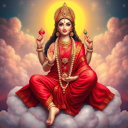 A beautiful Hindu goddess (Devi) with glowing skin, radiating a divine light, dressed in a vibrant red saree