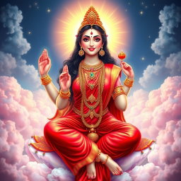 A beautiful Hindu goddess (Devi) with glowing skin, radiating a divine light, dressed in a vibrant red saree
