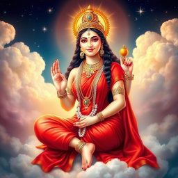 A beautiful Hindu goddess (Devi) with glowing skin, radiating a divine light, dressed in a vibrant red saree