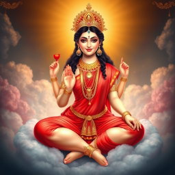 A beautiful Hindu goddess (Devi) with glowing skin radiating a divine light, dressed in an elegant red saree