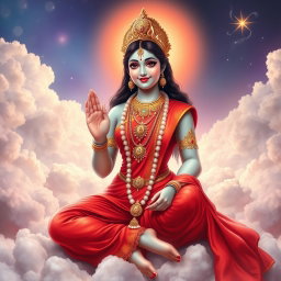 A beautiful Hindu goddess (Devi) with glowing skin radiating a divine light, dressed in an elegant red saree