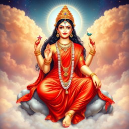 A beautiful Hindu goddess (Devi) with glowing skin radiating a divine light, dressed in an elegant red saree
