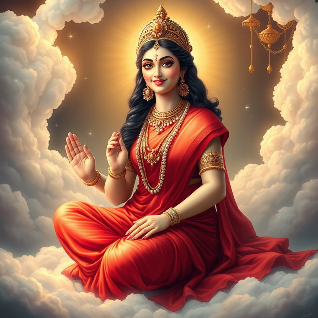 A beautiful Hindu goddess (Devi) with glowing skin radiating a divine light, dressed in an elegant red saree