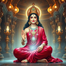A beautiful Hindu goddess (Devi) with glowing skin, radiating a divine light, dressed in a rich red saree