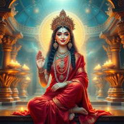 A beautiful Hindu goddess (Devi) with glowing skin, radiating a divine light, dressed in a rich red saree