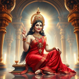 A beautiful Hindu goddess (Devi) with glowing skin, radiating a divine light, dressed in a rich red saree