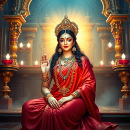 A beautiful Hindu goddess (Devi) with glowing skin, radiating a divine light, dressed in a rich red saree