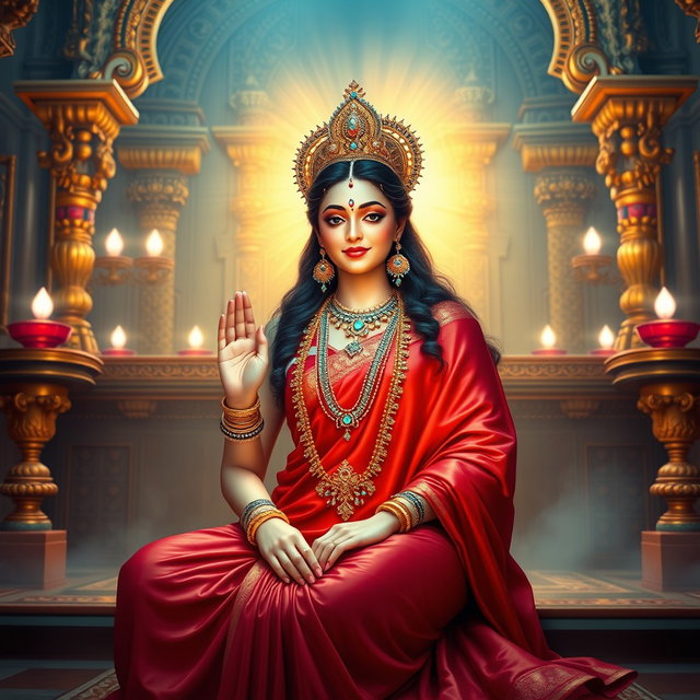 A beautiful Hindu goddess (Devi) with glowing skin, radiating a divine light, dressed in a rich red saree