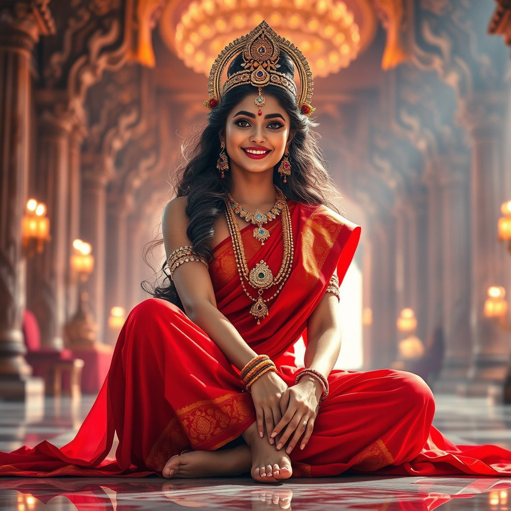 A stunning Hindu goddess, radiating a beautiful divine glow, with flawless shining skin