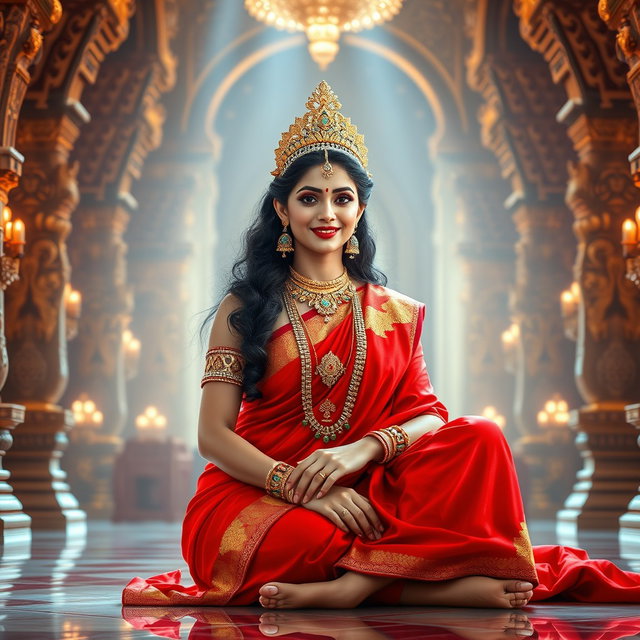 A stunning Hindu goddess, radiating a beautiful divine glow, with flawless shining skin
