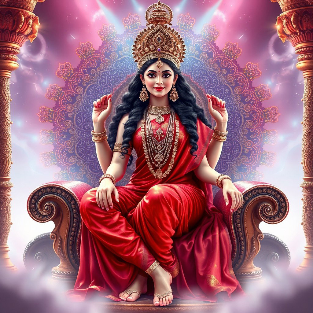 An enchanting apsara, radiating a beautiful divine glow with luminous shining skin, dressed in an exquisite red saree